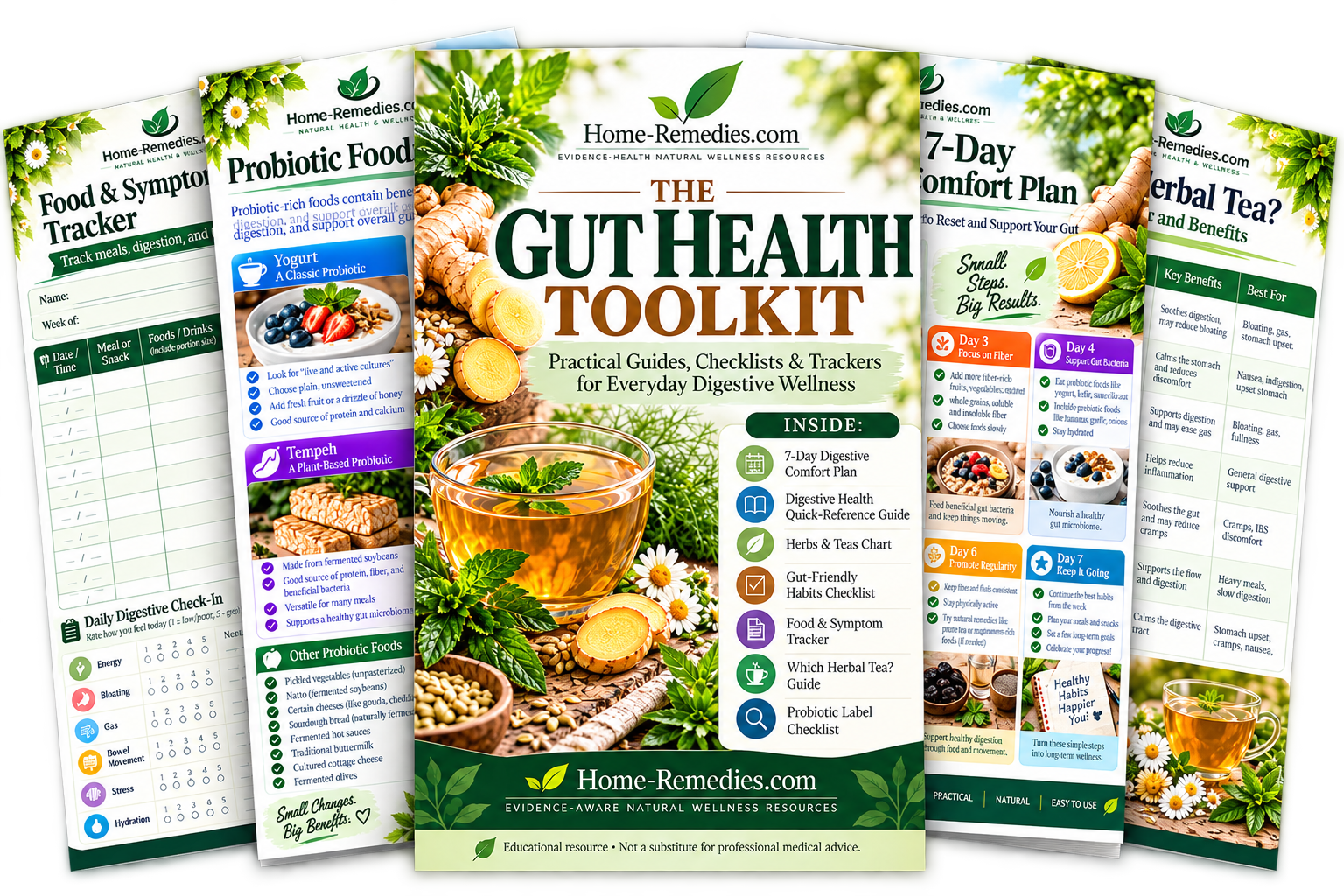 Fanned preview of the 15-page Gut Health Toolkit